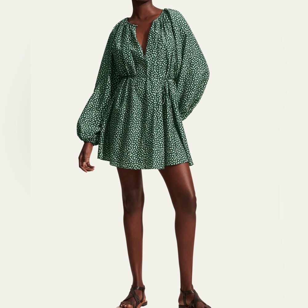 Matteau Silk Cotton Blend Voluminous Mini Dress Green White Floral Print - Picture 5 of 12
